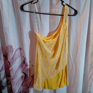Guess one shoulder yellow sheer patterned overlay tank Small
